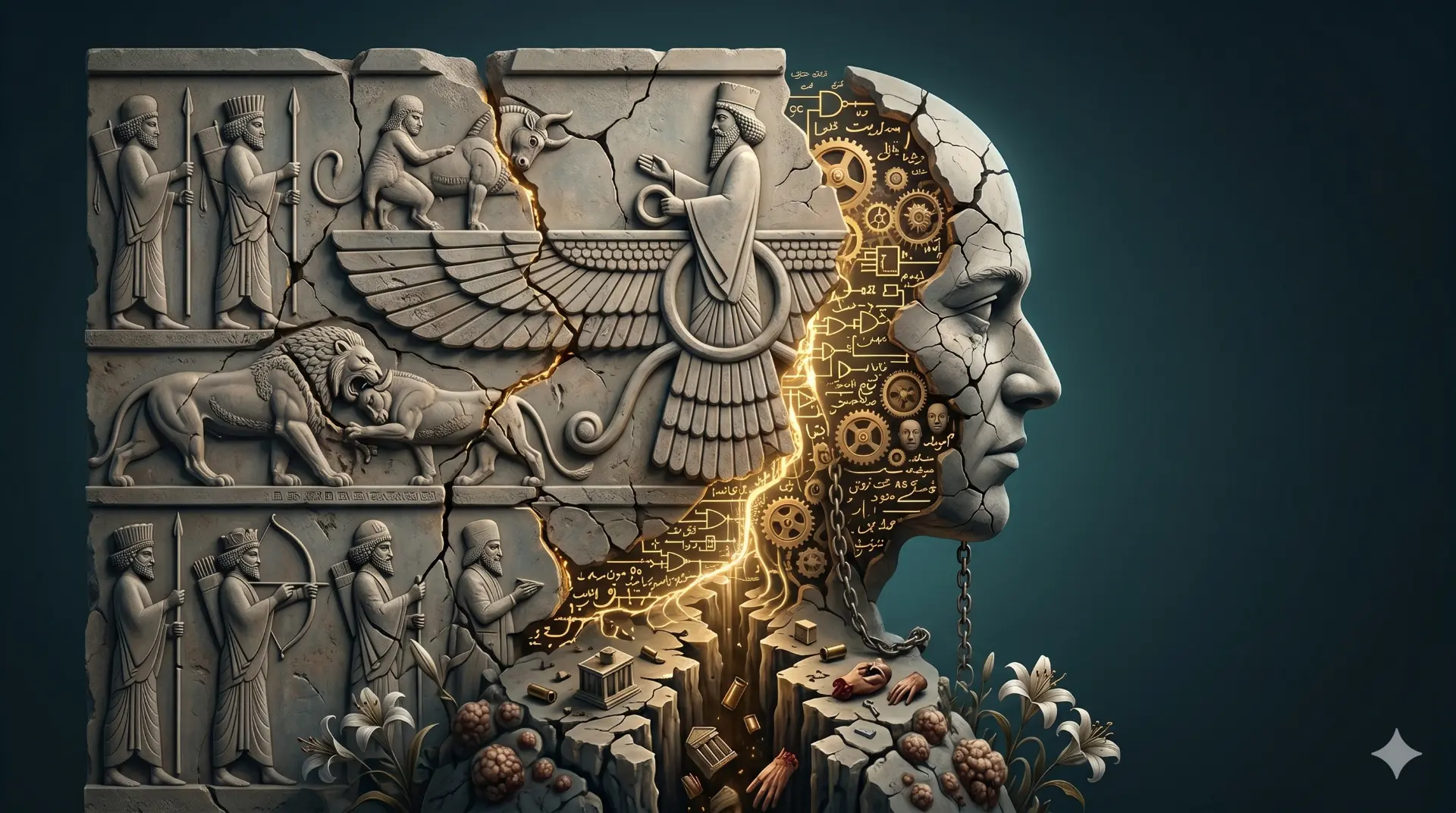 Persisch inspiriertes Steinrelief mit Figuren, Flügelmotiv und goldenen mechanischen Elementen